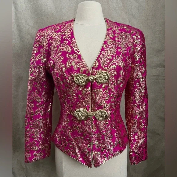 Farinae Collections Vintage Fuchsia and Gold Embroidered Jacket Size 8 - Picture 1 of 8